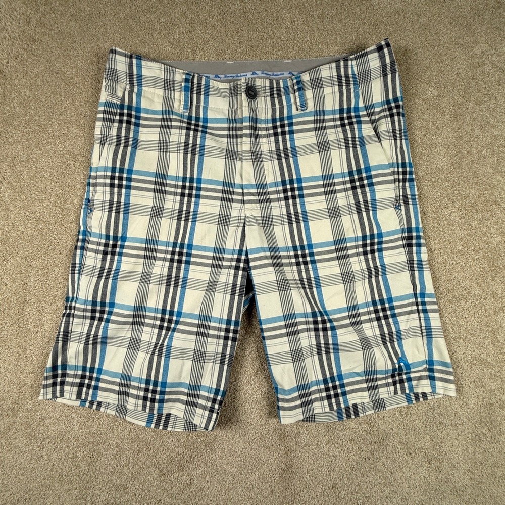 Tommy Bahama Mens Plaid Flat Front Shorts Blue White Size 32